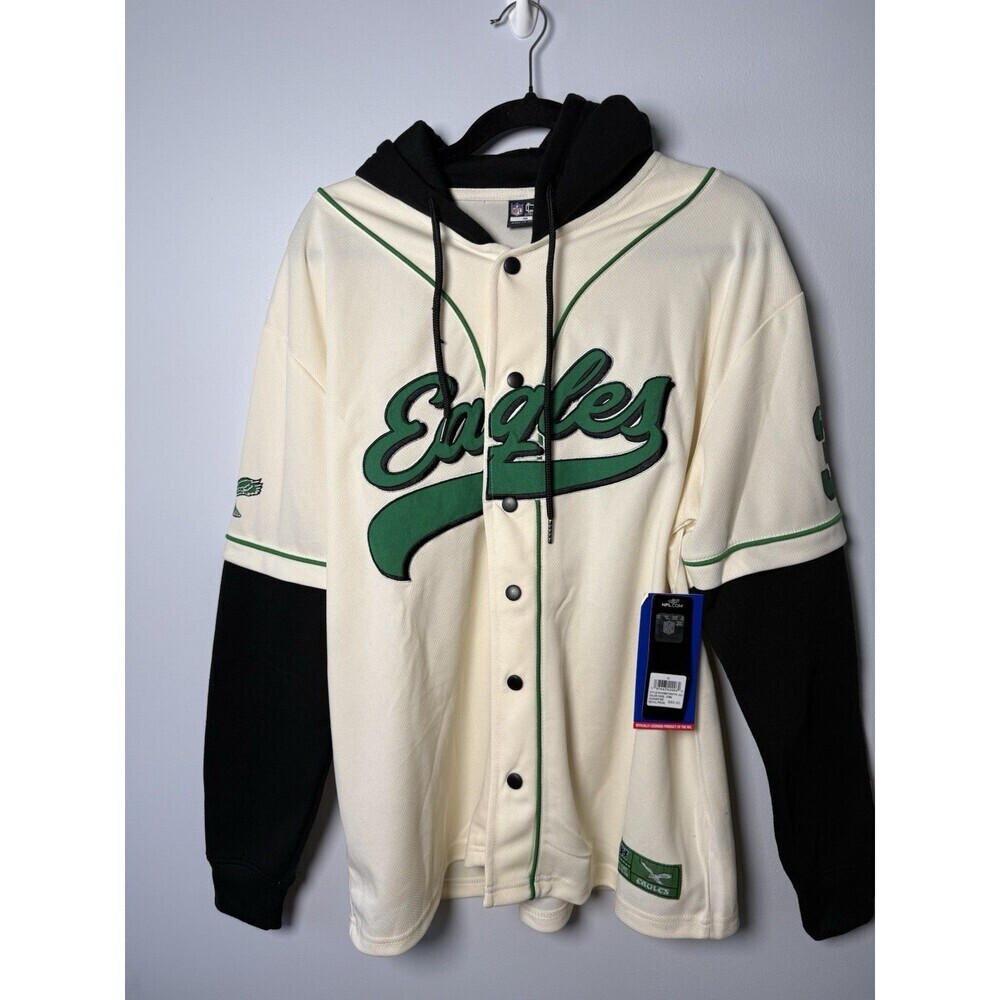 NWT NFL Philadelphia Eagles Hooded Baseball Jersey Cream Black Men's Medium $85